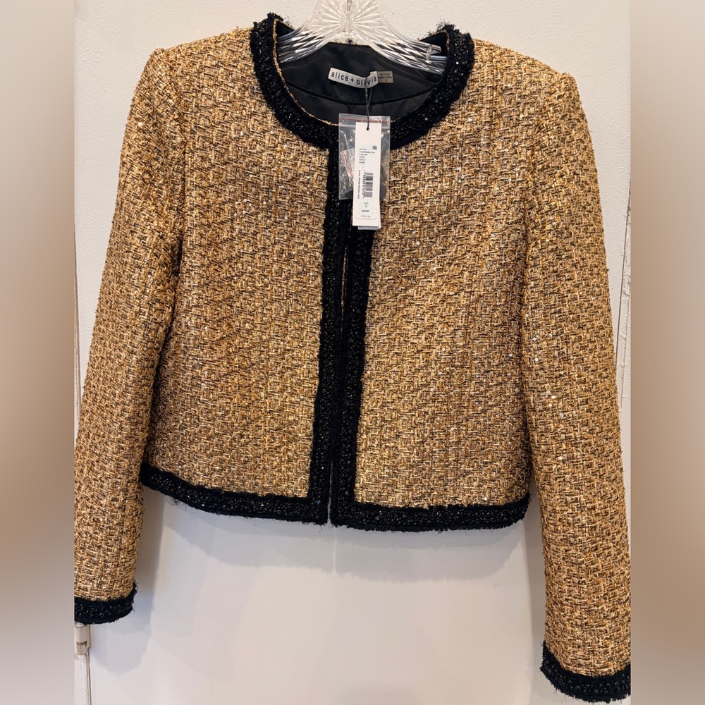 Alice+Olivia Landon Metallic Tweed Box Jacket with Black Trim